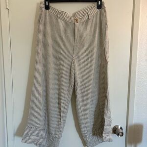 J. Jill Women’s Large Striped Linen-Blend Cropped Pants in Cream and Gray